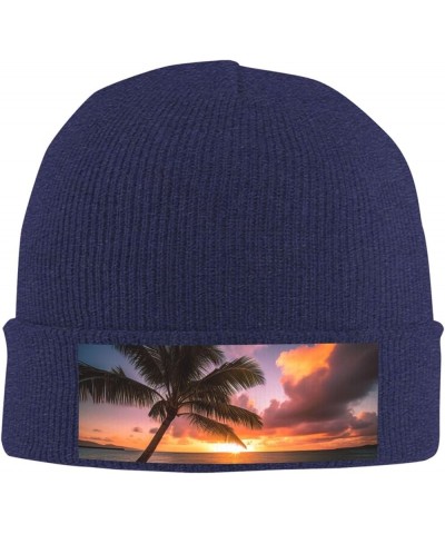 Slouchy Beanie Hats for Women Men Knit Beanies Cuffed Skull Cap Palm Tree Sunset Beach Winter Ski Hat Navy Blue $10.64 Skulli...