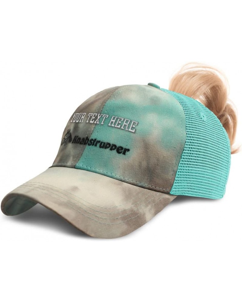 Womens Ponytail Cap Knabstrupper Horses Pony Cotton Equestrian Distressed Trucker Hat Tie Dye Aqua Personalized Text Here $15...