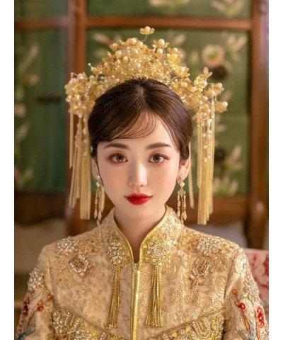 Chinese Traditional Phoenix Headdress Tassel Earring Flower Pearl Tiara Crown Bridal Wedding Hair Jewelry (Metal Color : Full...