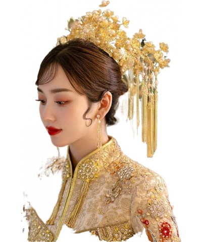 Chinese Traditional Phoenix Headdress Tassel Earring Flower Pearl Tiara Crown Bridal Wedding Hair Jewelry (Metal Color : Full...