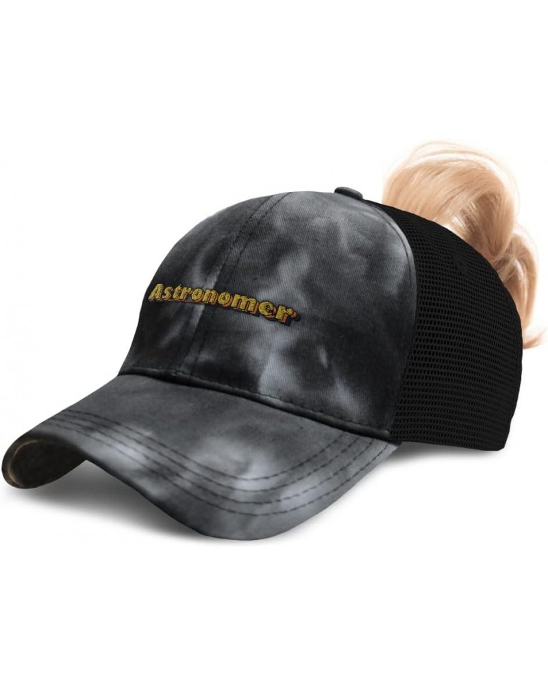 Custom Womens Ponytail Cap Astronomer Space Cotton Science Distressed Trucker Hat Tie Dye Black Design Only $17.69 Baseball Caps