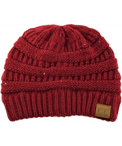 CC Classic Winter Fall Trendy Chunky Stretchy Cable Knit Beanie Hat Sequins Burgundy $9.50 Sun Hats