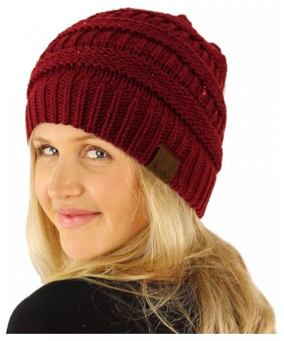 CC Classic Winter Fall Trendy Chunky Stretchy Cable Knit Beanie Hat Sequins Burgundy $9.50 Sun Hats