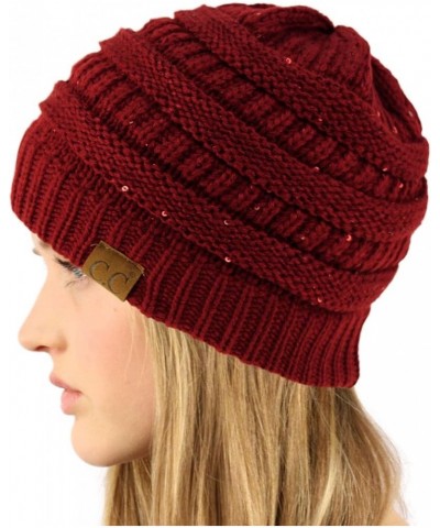 CC Classic Winter Fall Trendy Chunky Stretchy Cable Knit Beanie Hat Sequins Burgundy $9.50 Sun Hats