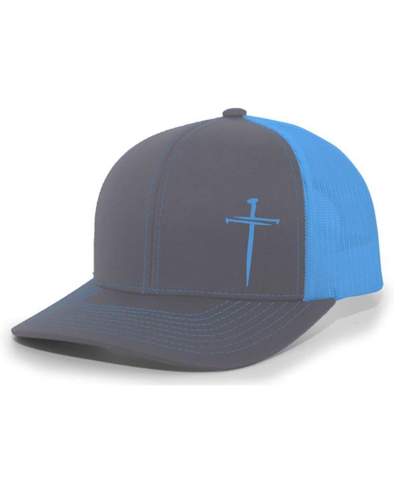 Men's Christian Faith Cross Nails Embroidered Mesh Back Trucker Hat Charcoal/Neon Blue $18.19 Baseball Caps