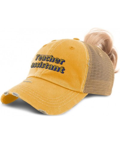 Womens Ponytail Cap Teacher Assistant School Cotton Education Distressed Trucker Hat Mustard Design Only $12.90 Baseball Caps