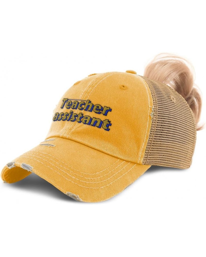 Womens Ponytail Cap Teacher Assistant School Cotton Education Distressed Trucker Hat Mustard Design Only $12.90 Baseball Caps