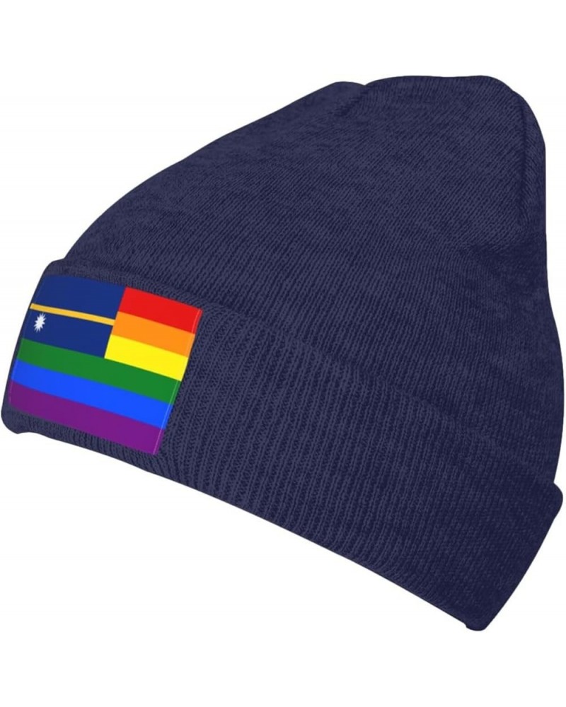 Nauru Rainbow Flag Beanie Hat for Men Women Knit Skull Cap Warm Hats Black Knitted Caps Navy Blue $9.36 Skullies & Beanies