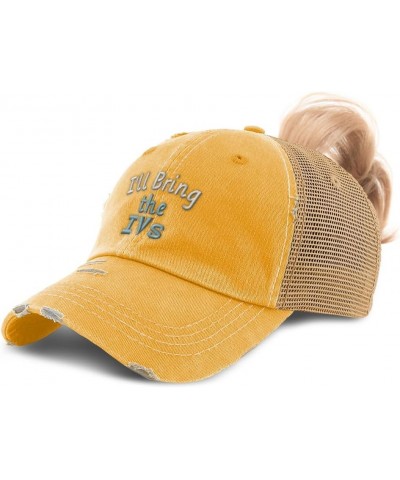 Womens Ponytail Cap I'll Bring The Ivs Cotton Distressed Trucker Hats Mustard $16.42 Baseball Caps