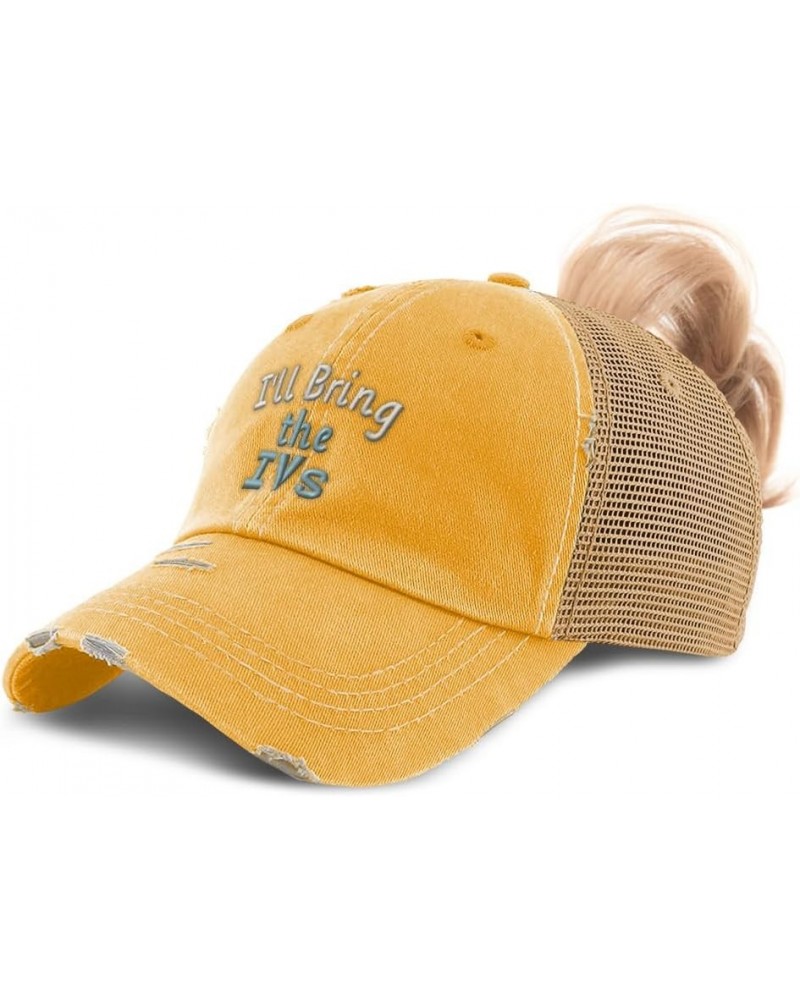 Womens Ponytail Cap I'll Bring The Ivs Cotton Distressed Trucker Hats Mustard $16.42 Baseball Caps