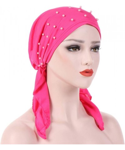 Beading Muslim Scarf Hair Turban Head Stretch Cotton Loss Women Wrap Hat Baseball Caps Hats Hot Pink $6.59 Skullies & Beanies