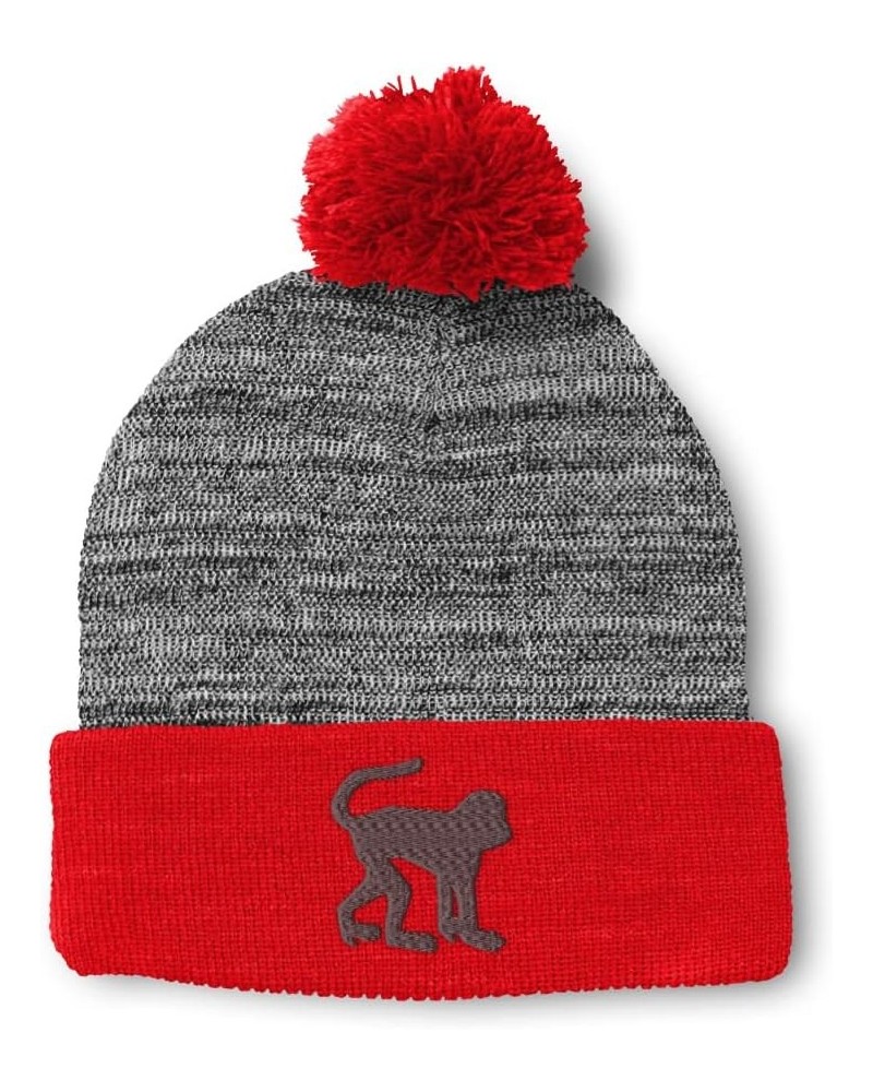 Custom Pom Pom Beanies for Women Monkey B Embroidery Skull Cap Winter Hats for Men Acrylic 1 Size Heather Gray Red Design Onl...