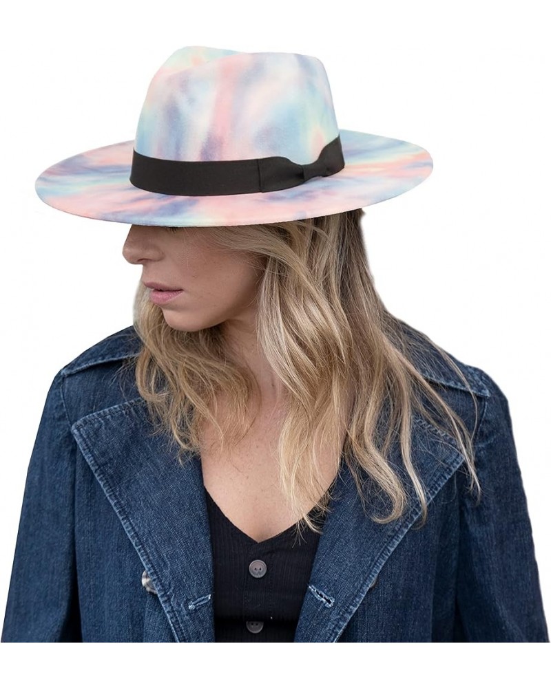 Women's Classic Wide Flat Brim Panama Hat Wool Fedora Hat Tie-dye Pink $12.60 Fedoras