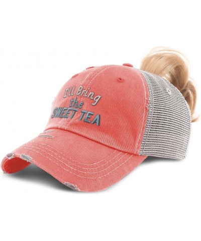 Womens Ponytail Cap I'll Bring The Sweet Tea Cotton Distressed Trucker Hats Coral $12.90 Baseball Caps