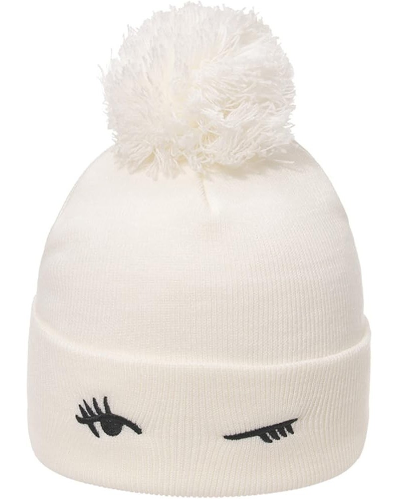 Knitted Hat Thickened Winter Hat Blinking Embroidery Women's Warm Hats Skull Cap Fox Ear Embroidered Pullover Hat White $12.4...