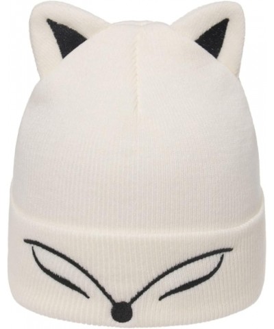 Knitted Hat Thickened Winter Hat Blinking Embroidery Women's Warm Hats Skull Cap Fox Ear Embroidered Pullover Hat White $12.4...