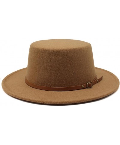 Solid Woolen Flat Top Fedoras Hats for Women Belt Buckle Decorated Felt Jazz Cap Dress Hat Pnnrk $17.01 Fedoras