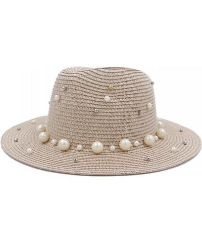 Panama Hat Straw Hat Sun Hat Female Summer Beach Hat Large Foldable Soft Hat Women's Hat Hat with Pearl Decoration Pink $17.0...