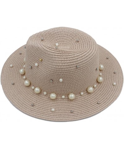 Panama Hat Straw Hat Sun Hat Female Summer Beach Hat Large Foldable Soft Hat Women's Hat Hat with Pearl Decoration Pink $17.0...