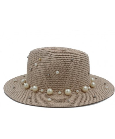 Panama Hat Straw Hat Sun Hat Female Summer Beach Hat Large Foldable Soft Hat Women's Hat Hat with Pearl Decoration Pink $17.0...