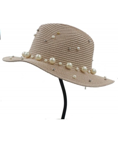 Panama Hat Straw Hat Sun Hat Female Summer Beach Hat Large Foldable Soft Hat Women's Hat Hat with Pearl Decoration Pink $17.0...