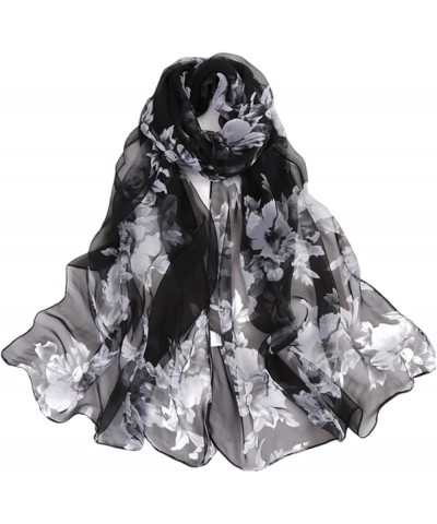 Women Scarves Flower Blossom Printing Long Soft Wrap Scarf Shawl Scarves Chiffon Slik Black $20.64 Scarves