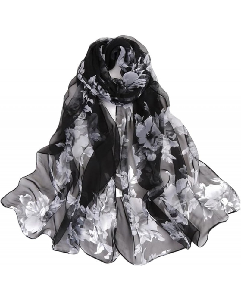 Women Scarves Flower Blossom Printing Long Soft Wrap Scarf Shawl Scarves Chiffon Slik Black $20.64 Scarves