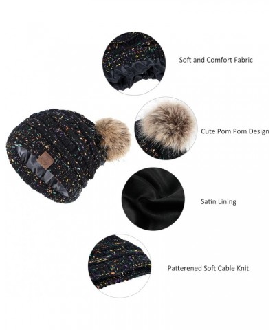 Satin Lined Beanie Pom Pom Satin Lined Winter Hats for Women Warm Beanie Hats for Women Thick Womens Winter Hats Z Black&ligh...