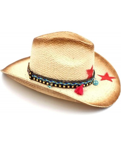 Unisex Western Cowboy Straw Hat with Tassel Ribbon Star Dad Hat Cowboy Girl Jazz Hat C8 Caw $14.00 Cowboy Hats