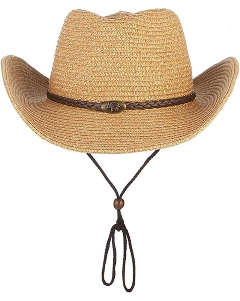 Straw Cowboy Hats for Women Fine Braid Classic Wide Brim Windproof Rope Cowgirl Hat for Summer Beach Sun Protection Khaki $13...