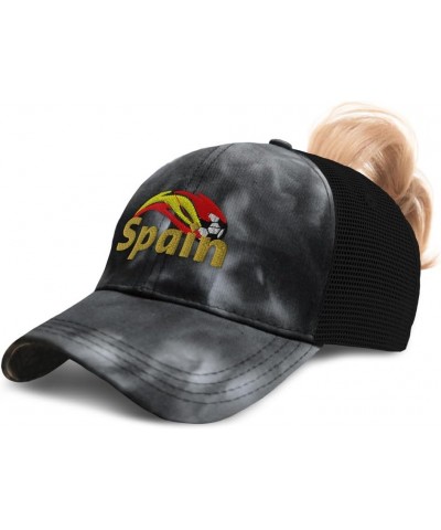 Womens Ponytail Cap Spain Europe Football Cup Cotton Distressed Trucker Hats Tie Dye Black $12.00 Baseball Caps