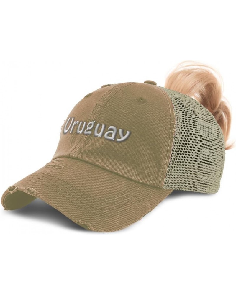 Womens Ponytail Cap Uruguay Futbol America Cup Distressed Trucker Hats Khaki $12.88 Baseball Caps