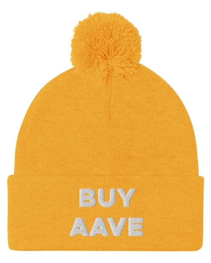 Buy Aave Crypto Hat (Embroidered Pom-Pom Beanie) Gold $18.63 Skullies & Beanies