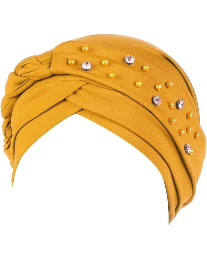 African Turbans Pre Tied Knot Headwrap Faux Pearl Bead Head Beanie Bonnet Soft Headscarf Women Sleep Cap Yellow $7.77 Skullie...