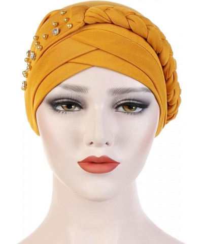 African Turbans Pre Tied Knot Headwrap Faux Pearl Bead Head Beanie Bonnet Soft Headscarf Women Sleep Cap Yellow $7.77 Skullie...