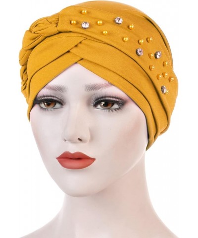 African Turbans Pre Tied Knot Headwrap Faux Pearl Bead Head Beanie Bonnet Soft Headscarf Women Sleep Cap Yellow $7.77 Skullie...