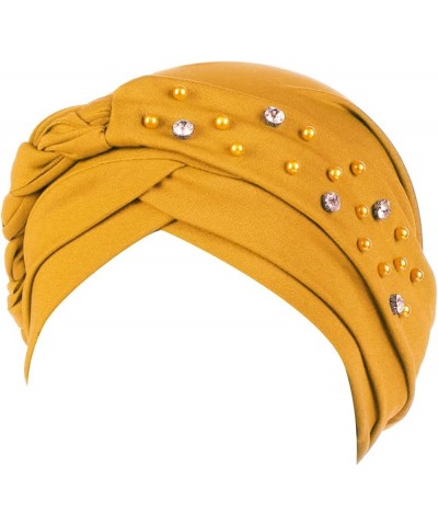 African Turbans Pre Tied Knot Headwrap Faux Pearl Bead Head Beanie Bonnet Soft Headscarf Women Sleep Cap Yellow $7.77 Skullie...