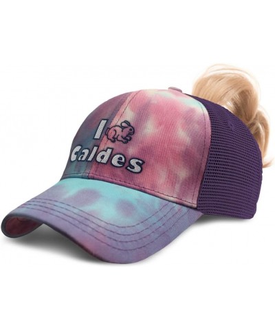 Custom Womens Ponytail Cap I Rabbit Caldes Bunny Cotton Animal Distressed Trucker Hat Tie Dye Purple Design Only $16.42 Baseb...