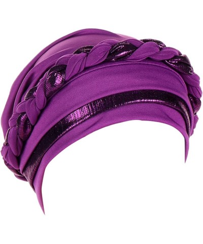 Women Braid Turban Cap Shiny Pretied Head Wraps Chemo Cancer Hair Wraps Hat Muslim Wrap Head Scarf Hats Purple $7.28 Scarves