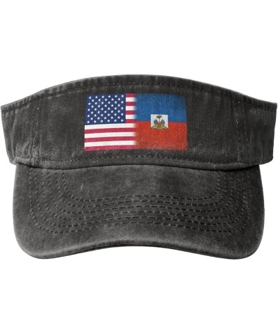 America Flag and Haitian Flags Sport Sun Visor Hat Cotton Ball Caps Empty Top Baseball Sun Cap Black $11.26 Visors