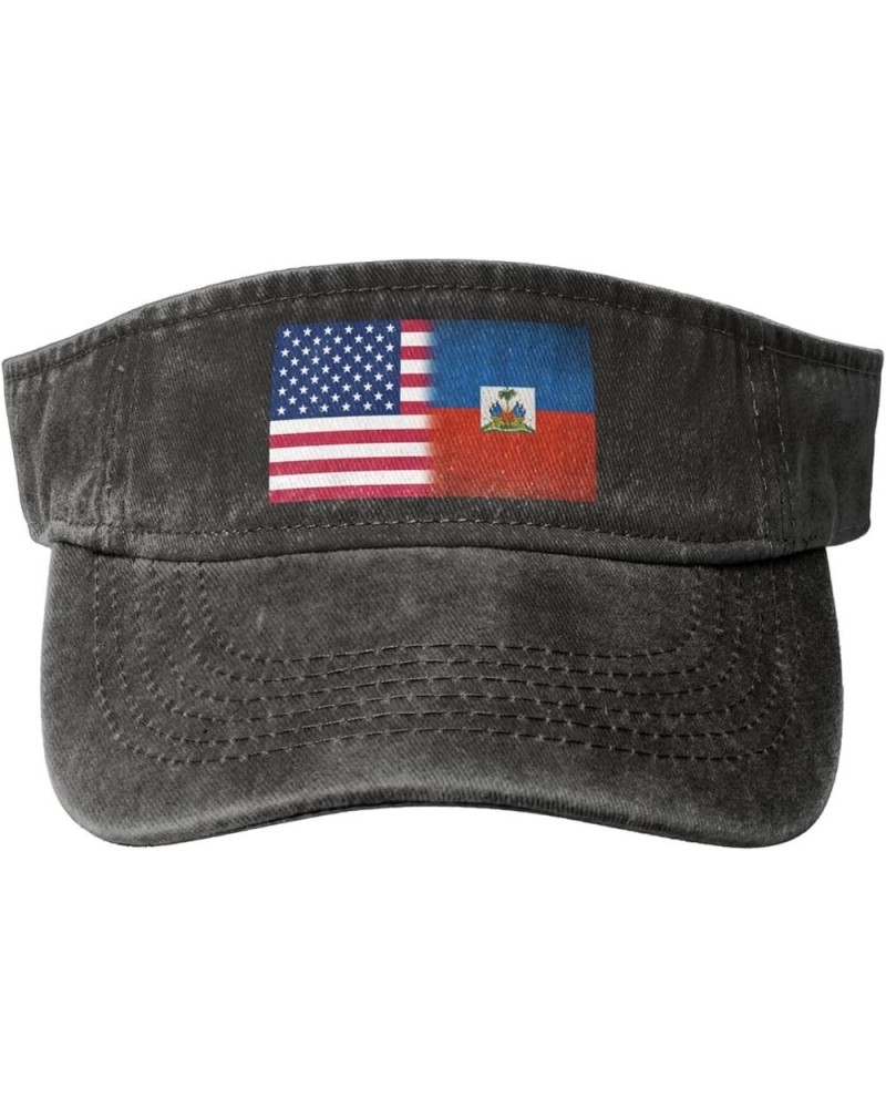 America Flag and Haitian Flags Sport Sun Visor Hat Cotton Ball Caps Empty Top Baseball Sun Cap Black $11.26 Visors