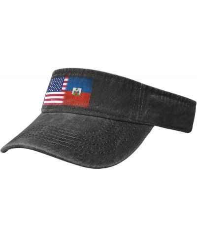 America Flag and Haitian Flags Sport Sun Visor Hat Cotton Ball Caps Empty Top Baseball Sun Cap Black $11.26 Visors