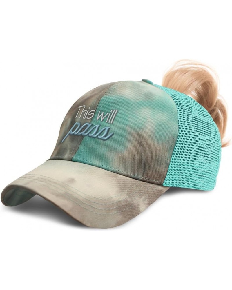 Womens Ponytail Cap This Will Pass Style B Cotton Distressed Trucker Hats Tie Dye Aqua $16.79 Baseball Caps