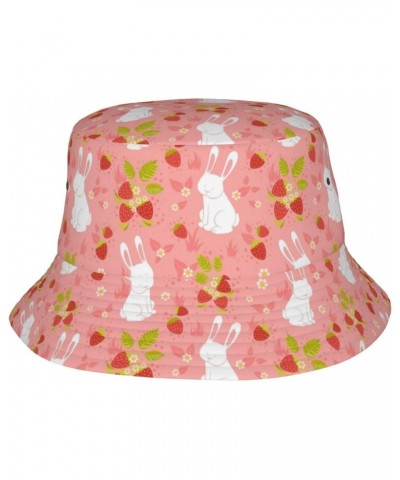 Cute Strawberry and Rabbit Bunny Pattern Bucket Hats for Women Men Packable Fisherman Summer Beach Sun Cap Hat $9.42 Bucket Hats