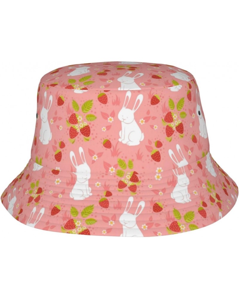 Cute Strawberry and Rabbit Bunny Pattern Bucket Hats for Women Men Packable Fisherman Summer Beach Sun Cap Hat $9.42 Bucket Hats