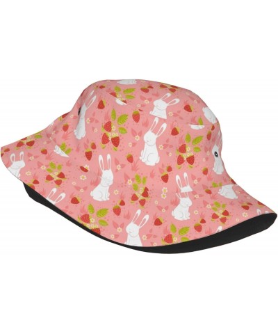 Cute Strawberry and Rabbit Bunny Pattern Bucket Hats for Women Men Packable Fisherman Summer Beach Sun Cap Hat $9.42 Bucket Hats