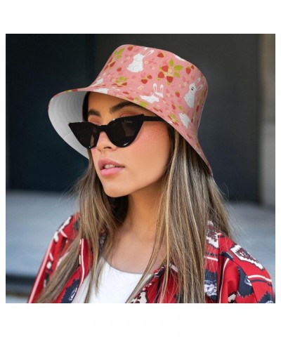 Cute Strawberry and Rabbit Bunny Pattern Bucket Hats for Women Men Packable Fisherman Summer Beach Sun Cap Hat $9.42 Bucket Hats