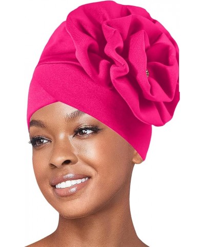 Women Solid Color Turban Caps Flower Monochrome Stacked Hair Cover Wrap Hat Cancer Chemo Headscarf Cap Lady Hot Pink $7.49 Sk...