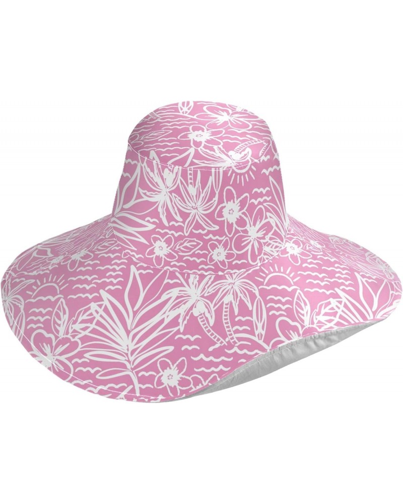 Floral Hibiscus Leaf Women Sun Hat Wide Brim Summer Pink Jungle Beach Hat Reversible Foldable Chin Strap UV Protection Hat Gi...