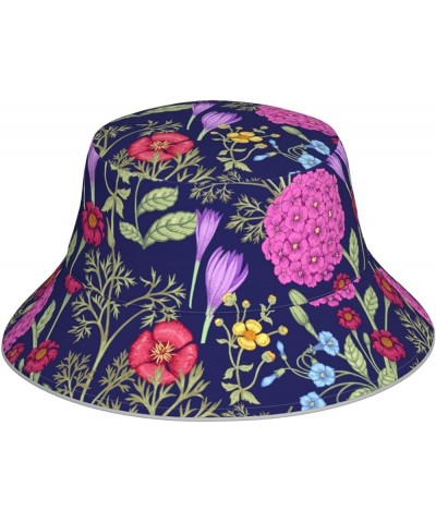 White and Blue Flowers Women's Bucket Hats Unisex Double-Side-Wear Reversible Bucket Hat with Reflective Strips Vintage Hydra...